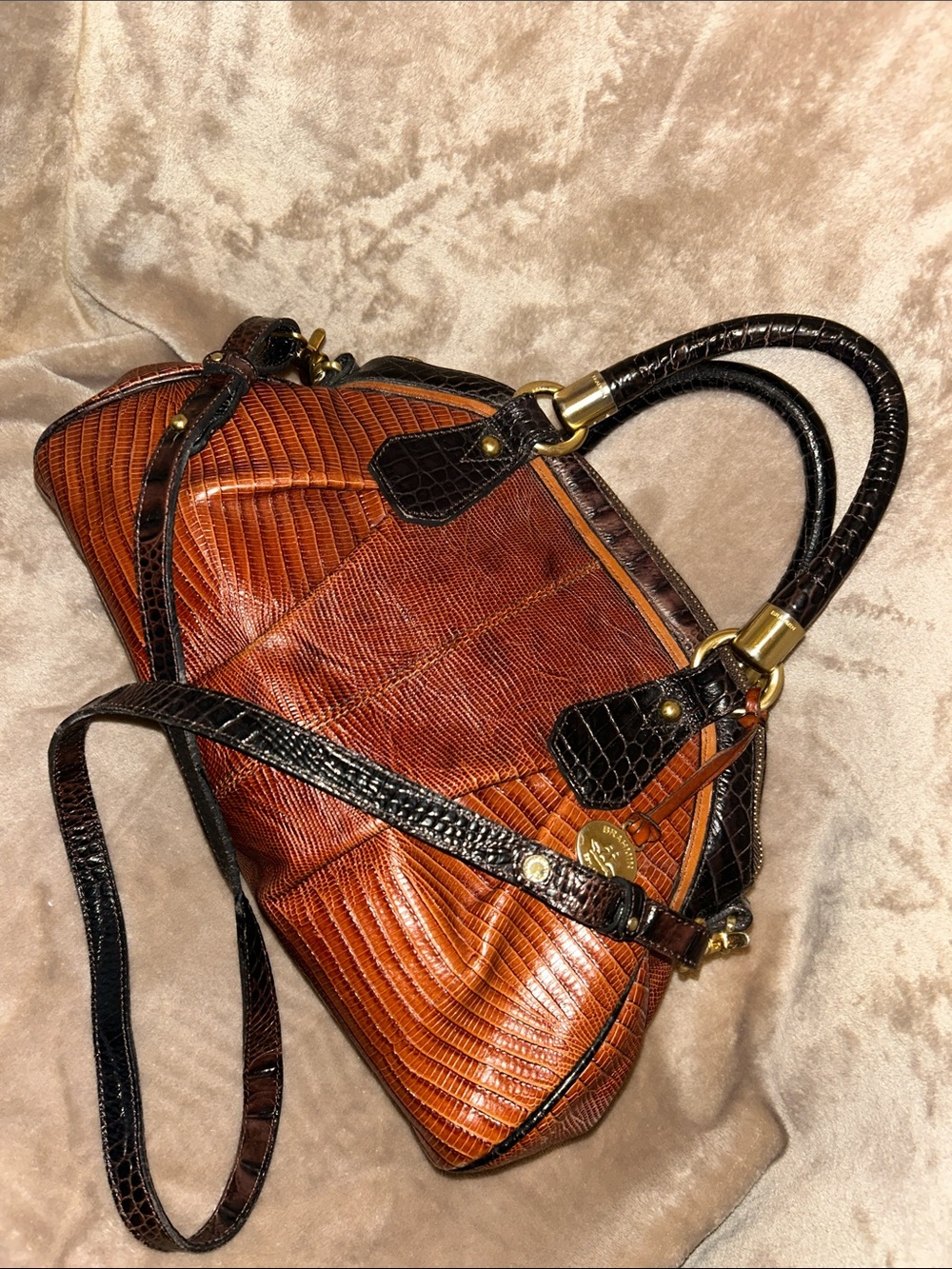 Brahmin Lisa Dome Cognac Pecan Croc-Embossed Leather Satchel Crossbody Handbag